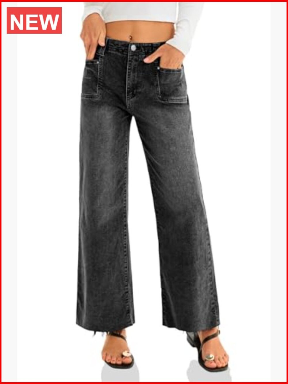 High Waisted Cropped Jeans Baggy Straight Leg Raw Hem Stretchy Capri Denim Pants - Picture 4 of 7